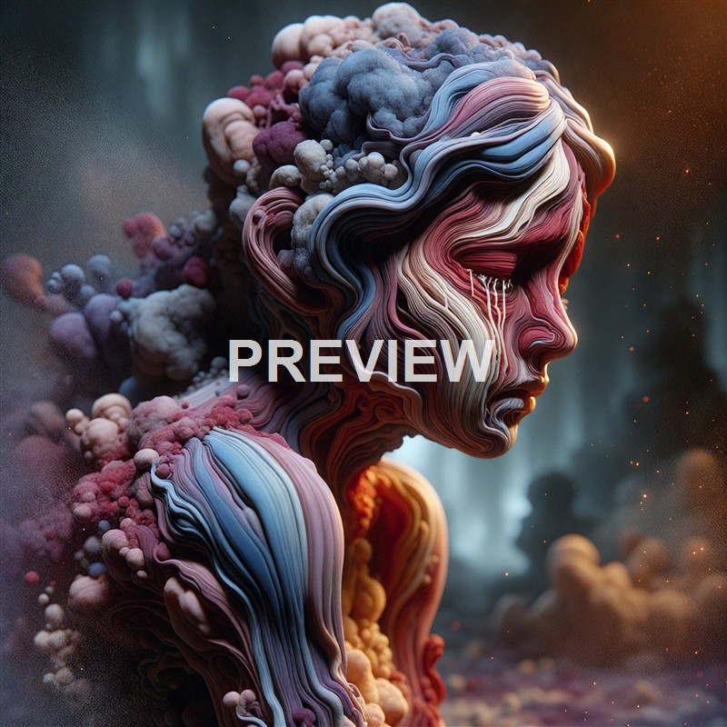 A surreal, abstract sculpture of a woman's face and upper body composed of flowing, layered, multicolored textures resembling ribbons and clouds, with a dreamy and ethereal atmosphere.